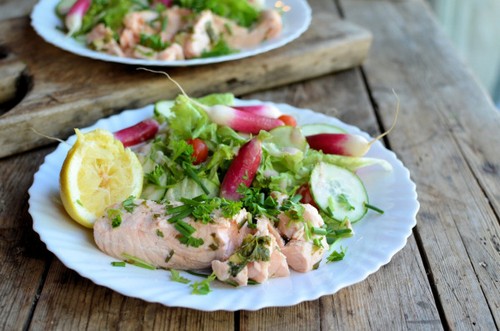 Simple & Elegant Low-Calorie Lunch - Lemon & Herb Poached Salmon recipe photo